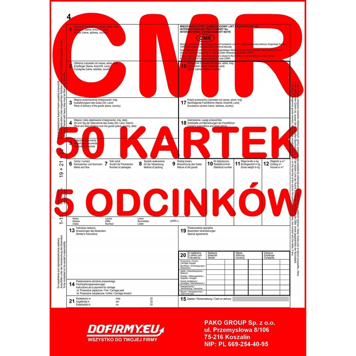 CMR Fuvarlevél 5 részes, PAKO GROUP, 10 db, A4, 50 oldal, önmásoló