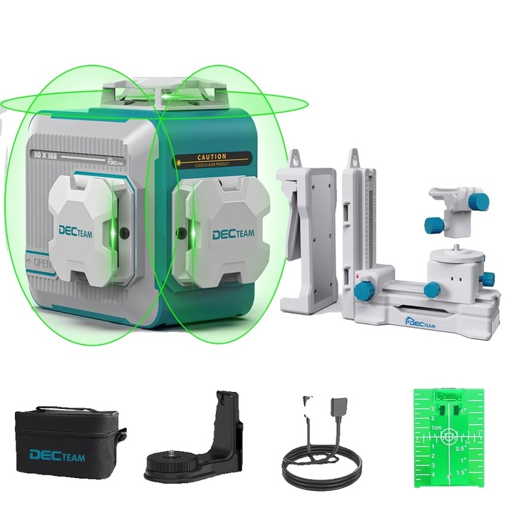 Nivel laser 3D M03CG, 12 linii proiectie, auto-nivelare, verde, cu suport, cablu tip C, placuta tinta, manual utilizare multilingv, geanta moale