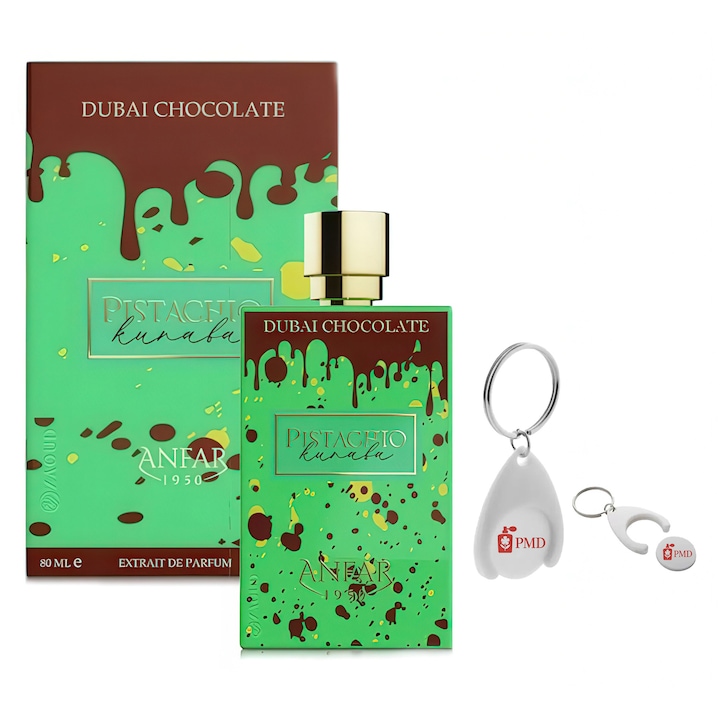 Anfar London pisztácia Kunafa Dubai csokoládé parfüm kivonat szett, unisex, 80ml, személyre szabott kulcstartó "PMD"