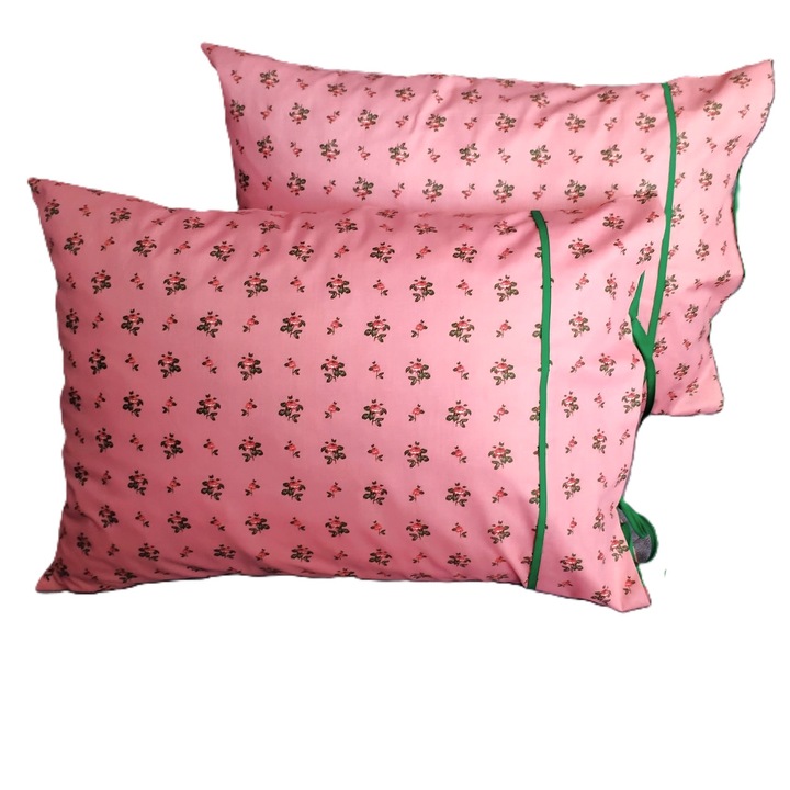 Set 2 x Fata de perna cu paspoal, 50 cm x 70 cm, Casa Bucuriei, model Flower lines, corai/verde, Bumbac 100%, doua fete