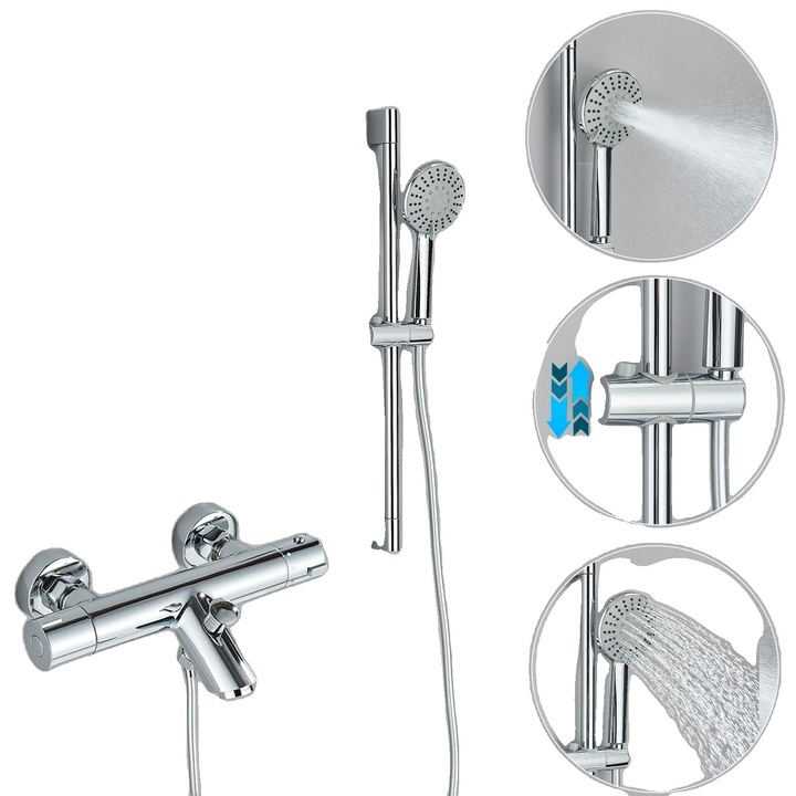 Termosztátos zuhanycsaptelep, falra szerelhető, króm, két fogantyú, vízhőmérséklet-szabályozás