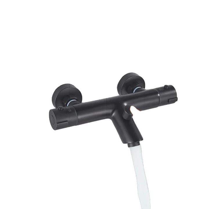 Термостатичен смесител за душ, матово черно, стенен монтаж, двойно управление, безопасна температура 38°C