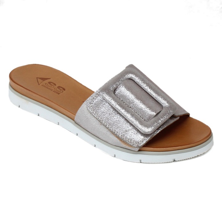 Sherlock Soon Papuci de damă din piele cu bareta fixă Sherlock Soon, culoare argintie 030-82-2179 07598