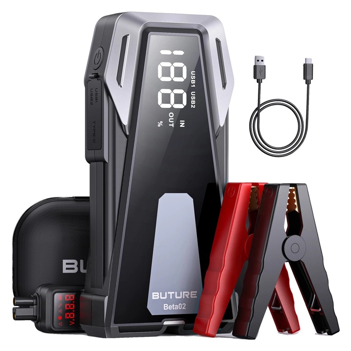 Redresor auto, 2500A, Power Bank portabil, 2 porturi de incarcare rapida, LED, 5" display, BATE02