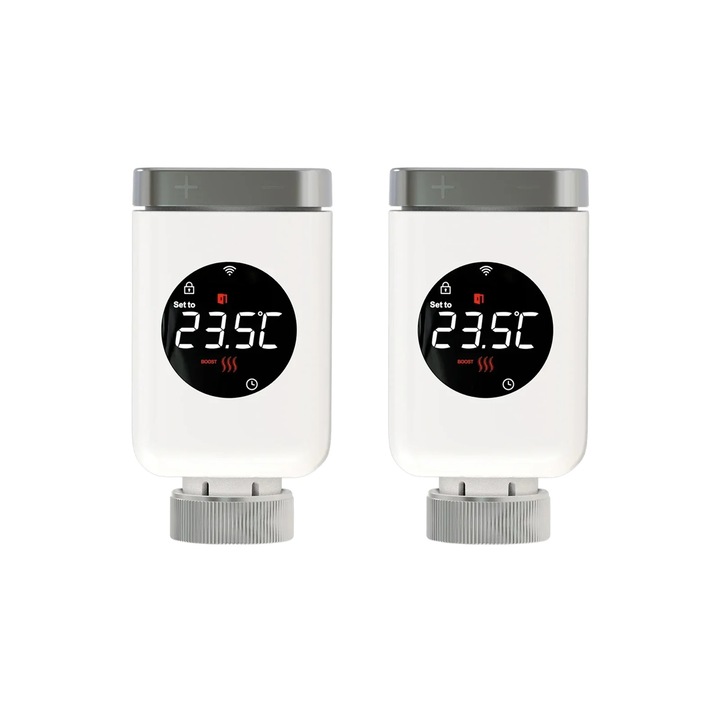 Комплект от 2 WiFi термостатични радиаторни вентила, управление чрез приложение, гласова интеграция, бял