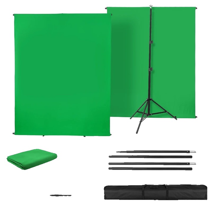Kit fundal verde pentru fotografie, 150x200cm, suport ajustabil, 1 material, 1 suport