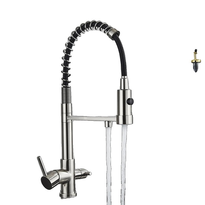 Szűrt vízhez való higiéniai csaptelep, modern dizájn, süllyeszthető zuhanyfunkció, szálcsiszolt nikkel, függőleges rögzítés