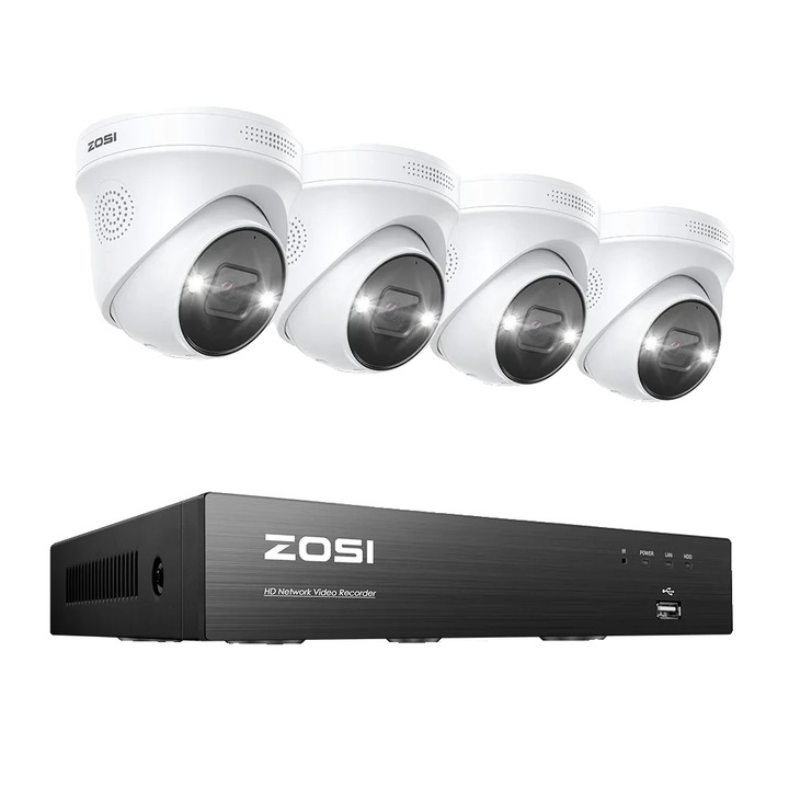 Комплект камери за видеонаблюдение Zosi 4K, 4 5MP камери, разпознаване на хора и превозни средства, 2T NVR система