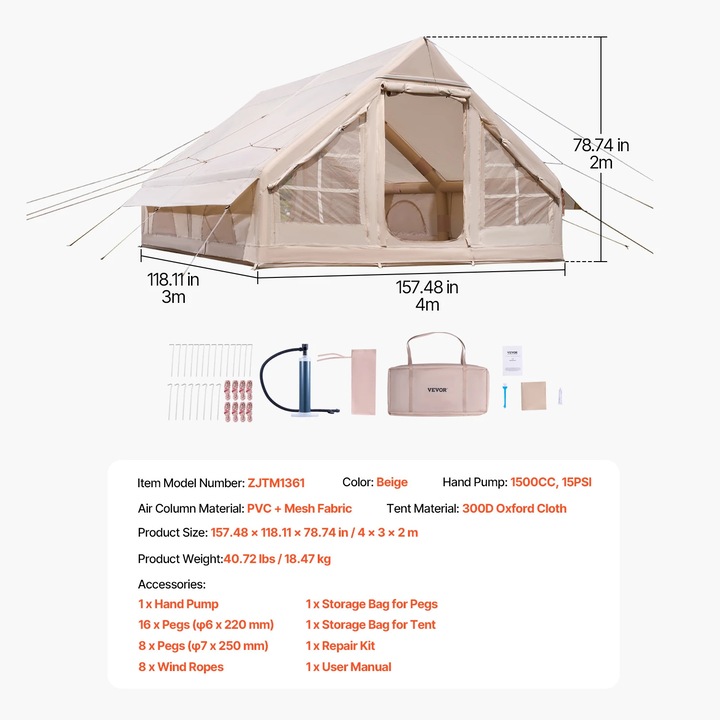 Cort gonflabil, Design Spatios 3x2m, Material 300D Oxford, Bej, Set Complectat cu Pompa si Accesorii
