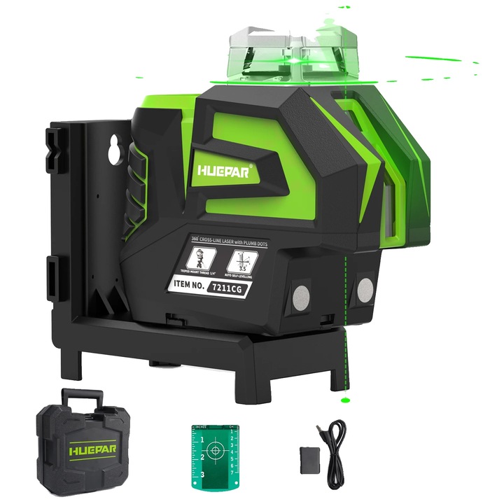 Nivel laser Huepar, verde, auto-nivelare, acumulator Li-ion, suport magnetic pivotant, cutie de transport durabila