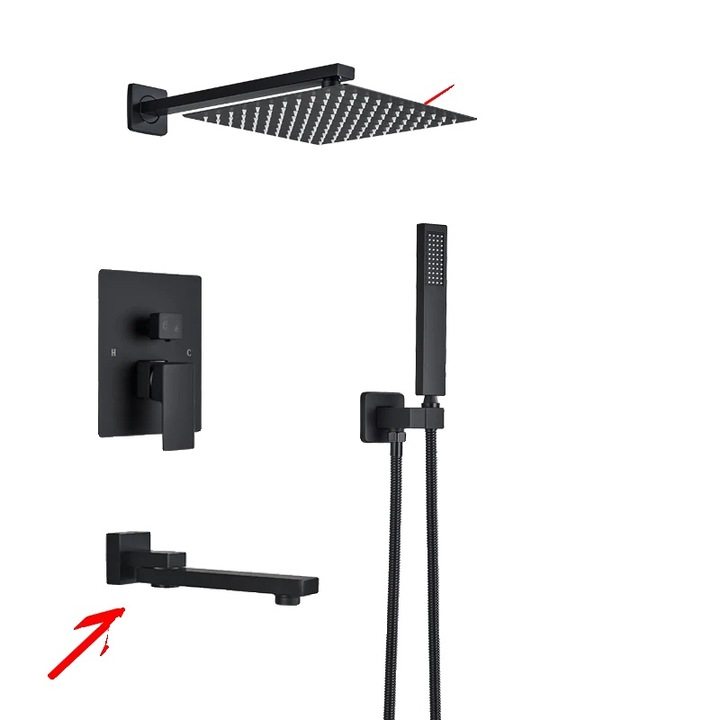 Set de dus, 12 inch, cap de dus ultratin, design contemporan, negru mat