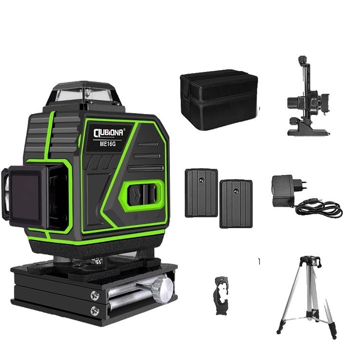 Лазерен нивелир, 16 линии, зелен, 22x18x20 см, комплект с магнитен държач, 2 батерии, зарядно устройство, дистанционно управление, 50 м приемник, 1,5 м статив