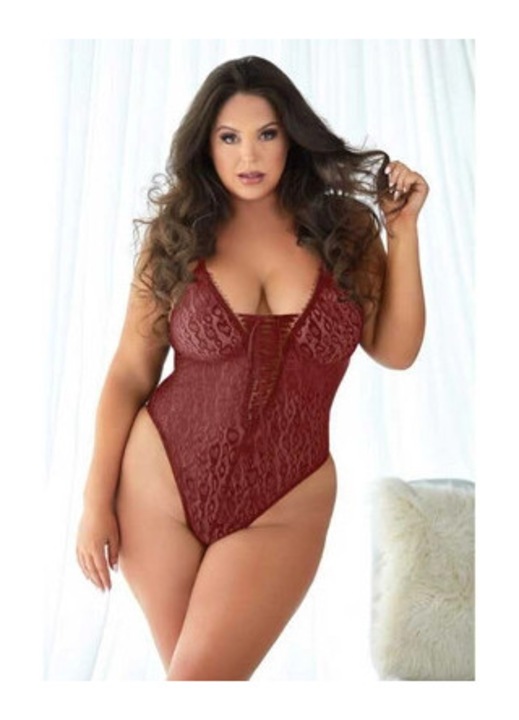 Body sexy Allure, visiniu, dantela, imprimeu leopard, 2XL-3XL INTL