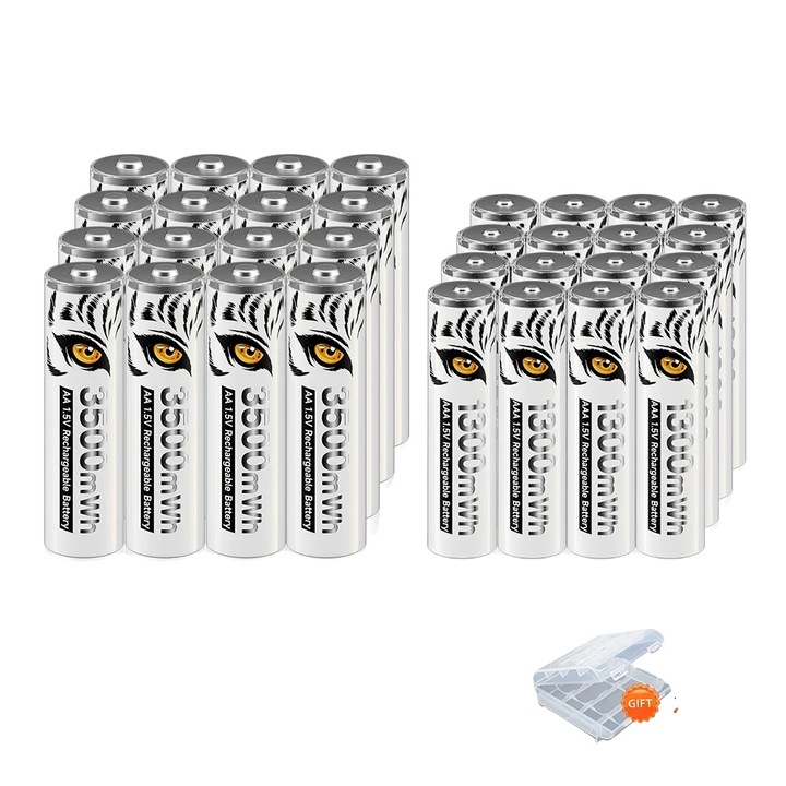 Set baterii reincarcabile AA 3500mWh si AAA 1300mWh, 16AA 16AAA