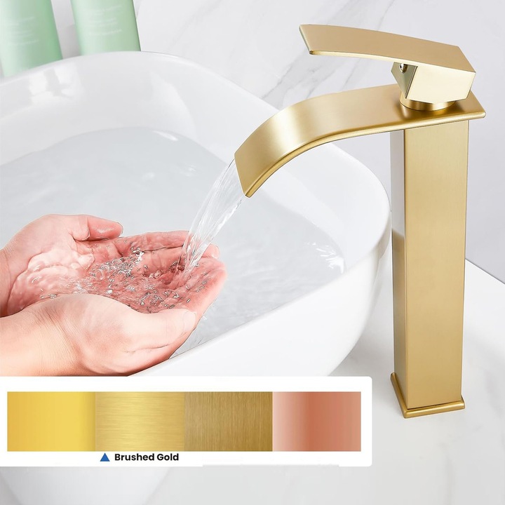 Baterie Chiuveta Baie, Tip Cascada, Monocomanda, Design Minimalist, Racorduri incluse, Otel Inoxidabil, Puternica si Durabila, Rezistenta la rugina si coroziune, usor de instalat, Cald si rece, Auriu