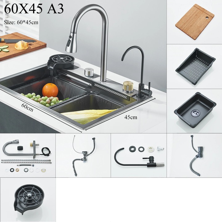 Chiuveta bucatarie, 60x45cm, display digital, inox, montare sub blat