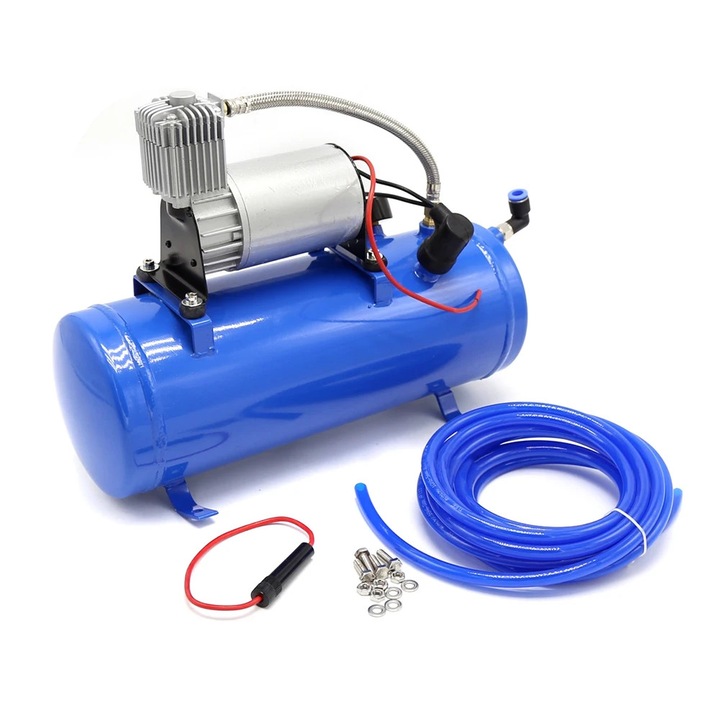 Compresor de aer pentru claxon, 150PSI, 12V DC, albastru, dimensiuni 380x140x300mm