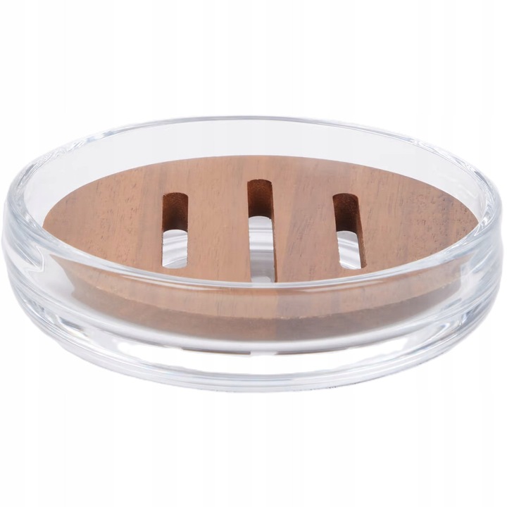 Savoniera CARDSPLITTER, rotunda, bej, din lemn de acacia si sticla