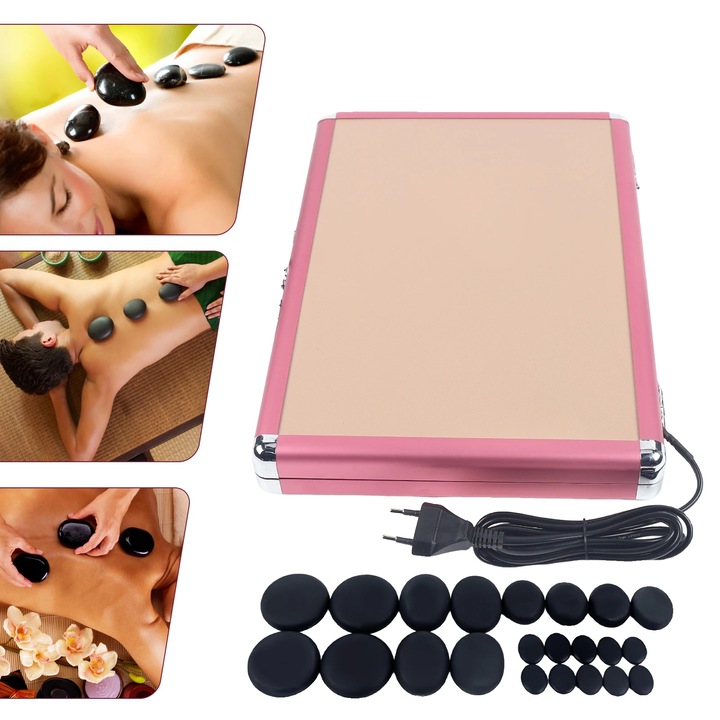 Set de pietre de masaj din bazalt, 20 bucati, dimensiuni variate, cutie de incalzire inclusa, negru, 39x8x32cm