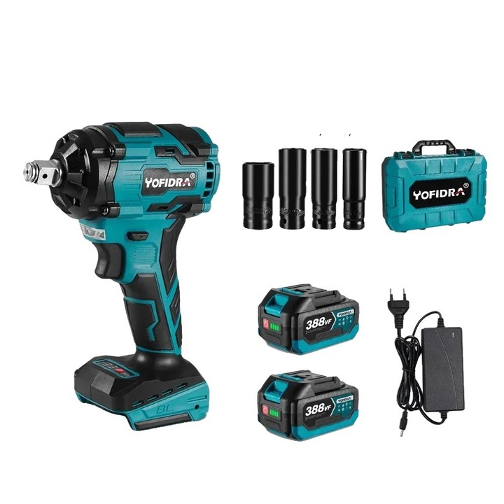 Cheie de impact electrica fara fir, 1000Nm, 2 baterii, Yofidra, Negru/Albastru