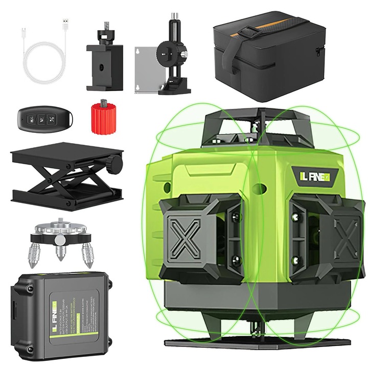 Lézeres szintező, 16 vonal, sokoldalú felhasználás, zöld, kompakt méretek