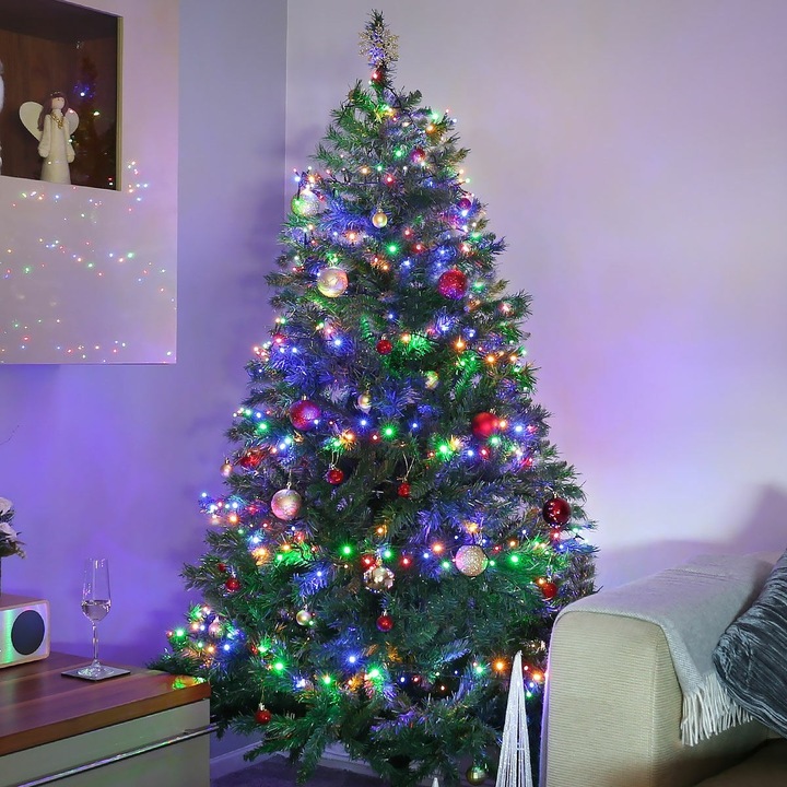 Karácsonyi fényfüzér, 30 m, 300 LED, lineáris, többszínű, 8 fénymód, transzformátor távirányítóval, összekapcsolható, 3 m hosszabbító mellékelve, zöld vezeték, Southern Sky