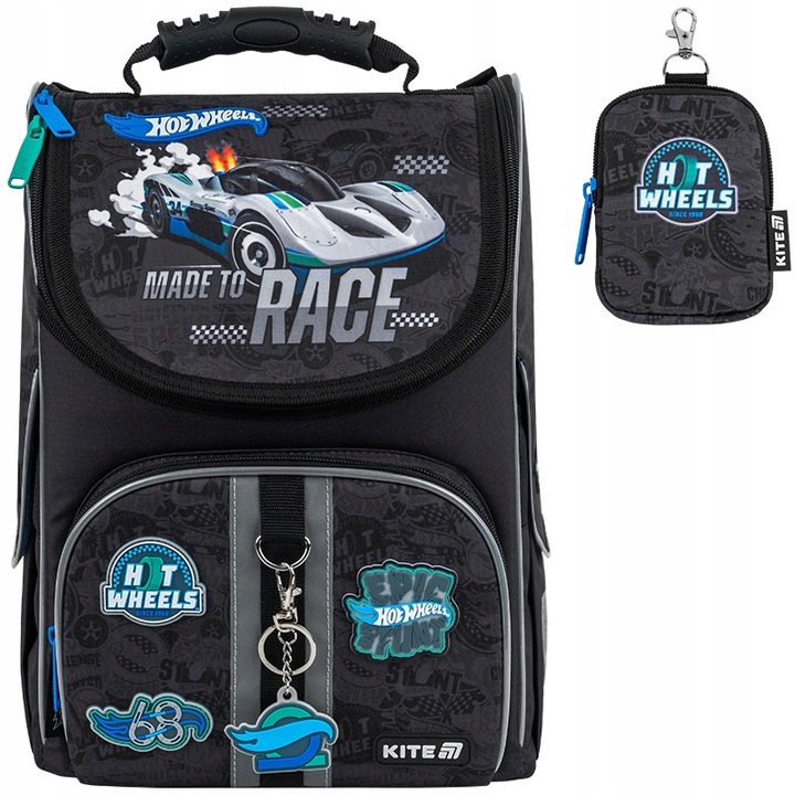 Ghiozdan rucsac scolar set baieti, ortopedic, certificate IGR Hot Wheels, 35x13x25 cm, albastru/negru, 11,5L, Kite