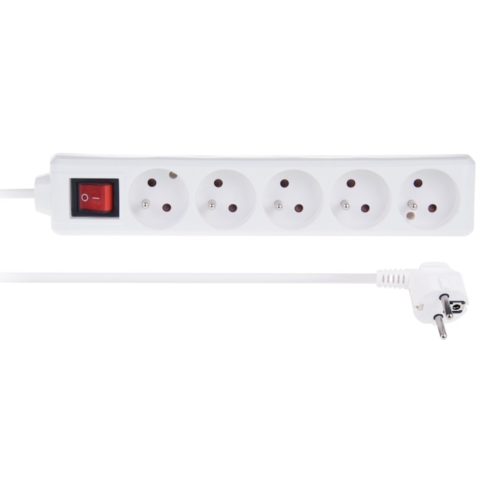 LIBOX удължителен кабел с 5 гнезда и ключ, 5 м, 2300 W, бял, 26,5 x 5 x 4 см