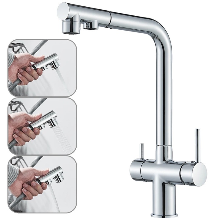 Konyhai csaptelep, két fogantyúval, behúzható kifolyóval, króm, 360°-ban forgatható