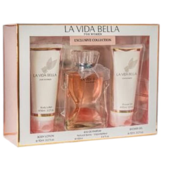 Set apa de parfum La Vida Bella FC, 100 ml apa de parfum + Gel de dus 90 ml + Lotiune de corp 90 ml, femei