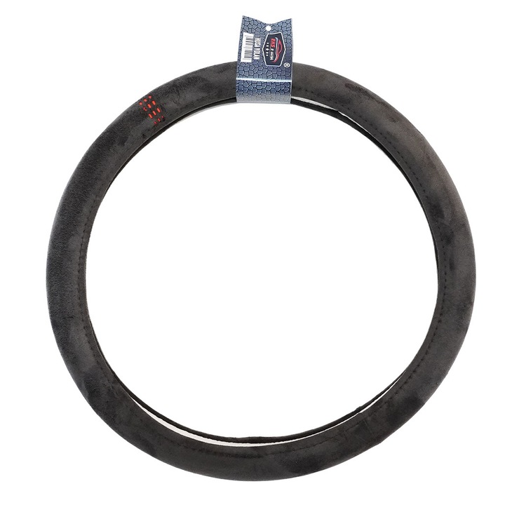 Husa Volan Premium, Negru cu Rosu, EHS E-Husa®, Volan Rotund 37-38cm diametru, din Material tip Piele de caprioara/Piele intoarsa/Alcantara