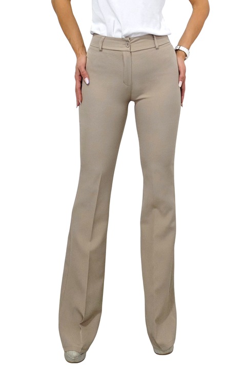 Pantaloni office Katte, croiala slim evazata si talie inalta, Cappuccino, Marimea L, FashionForYou
