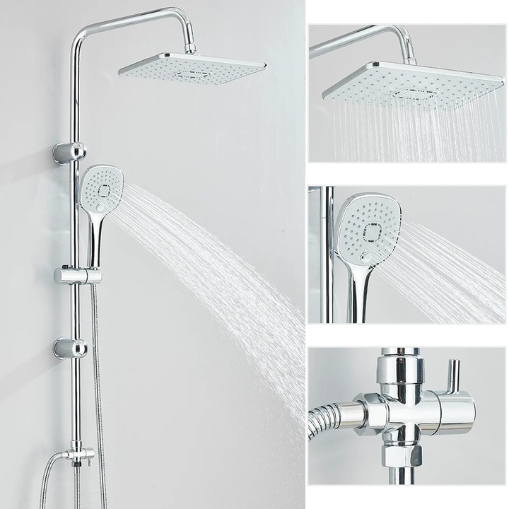 Set baterie de dus, dus tip ploaie si dus de mana, design contemporan, crom, 29x19cm