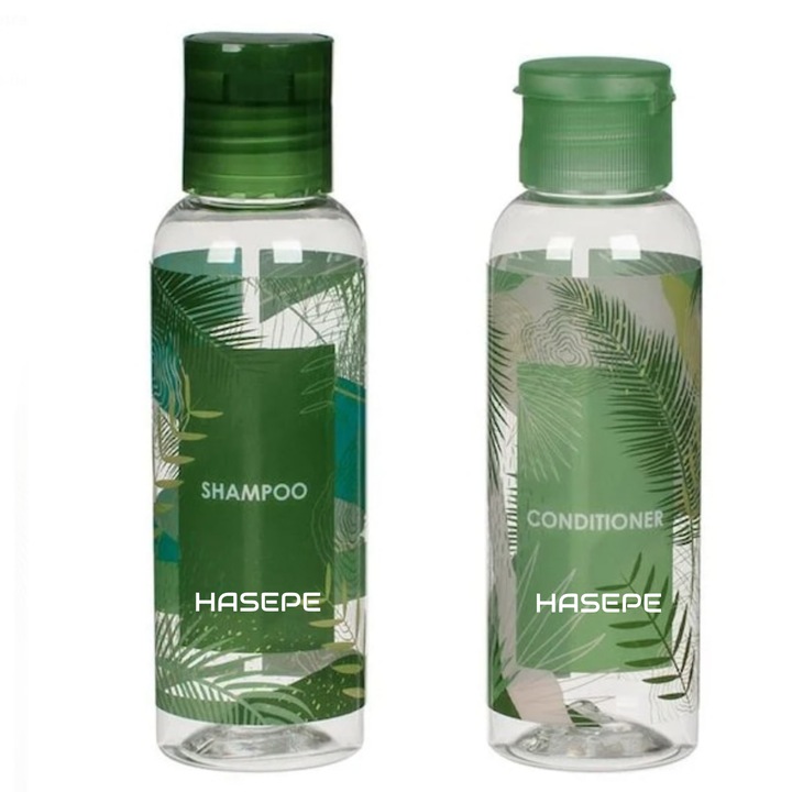 Комплект от 2 контейнера за пътуване, HASEPE, TROPICAL дизайн с херметичност, капак с отваряне, лек и преносим, за тоалетни принадлежности, балсам, шампоан, лосион, пластмаса, 100 мл, зелено-прозрачен