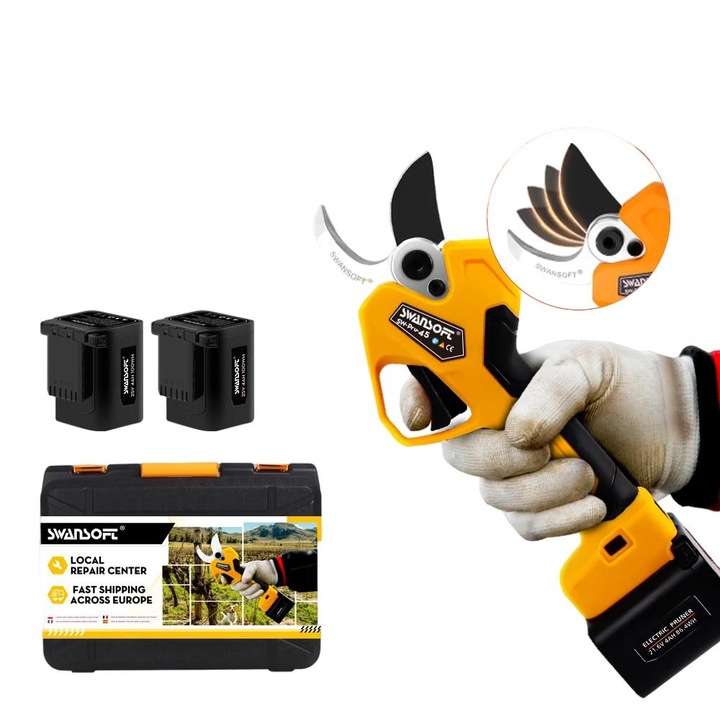 Foarfeca electrica de gradinarit, motor puternic fara perii, lame inox, maner antiderapant, galben/negru