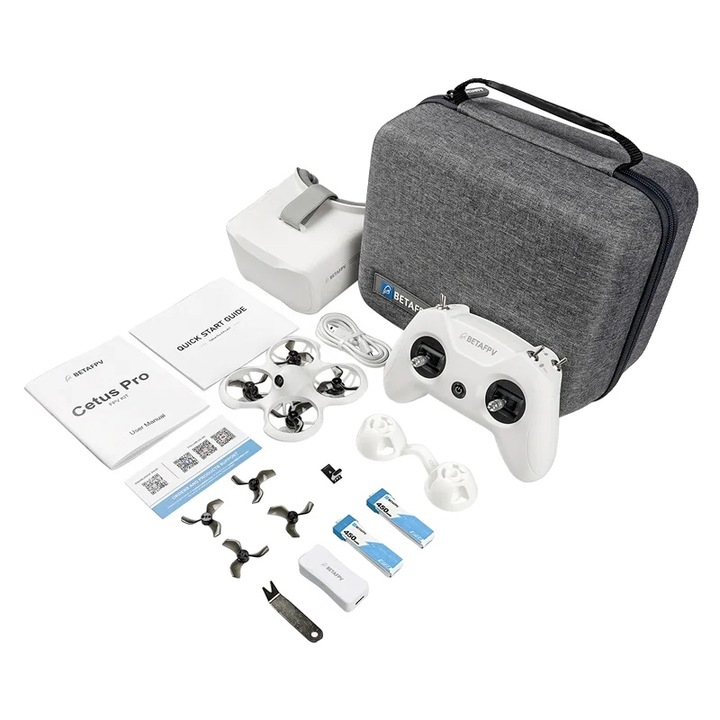 Set dronă BETAFPV Cetus Pro, LiteRadio2 SE, Ochelari VR02, 4 baterii 450mAh, Alb/Gri, Geantă de depozitare