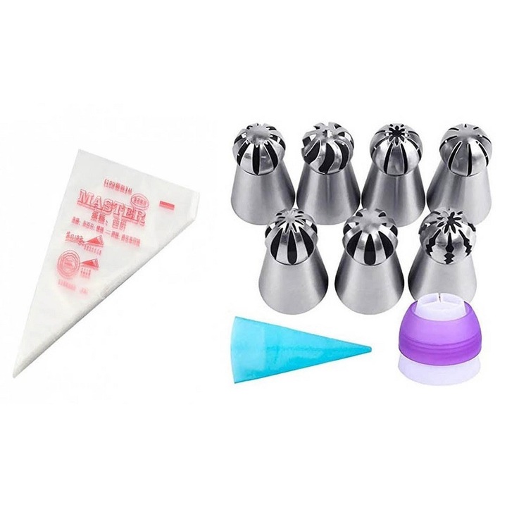 10 darabos készlet, 7 torta- és süteménydíszítési tipp, 1 szilikon tipp. 1 adapter, 100 tasak, 562COF
