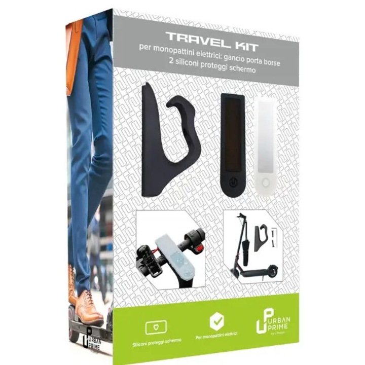 Kit travel Urban Prime, 2x protectie display, 1x carlig pentru trotinete electrice, Negru