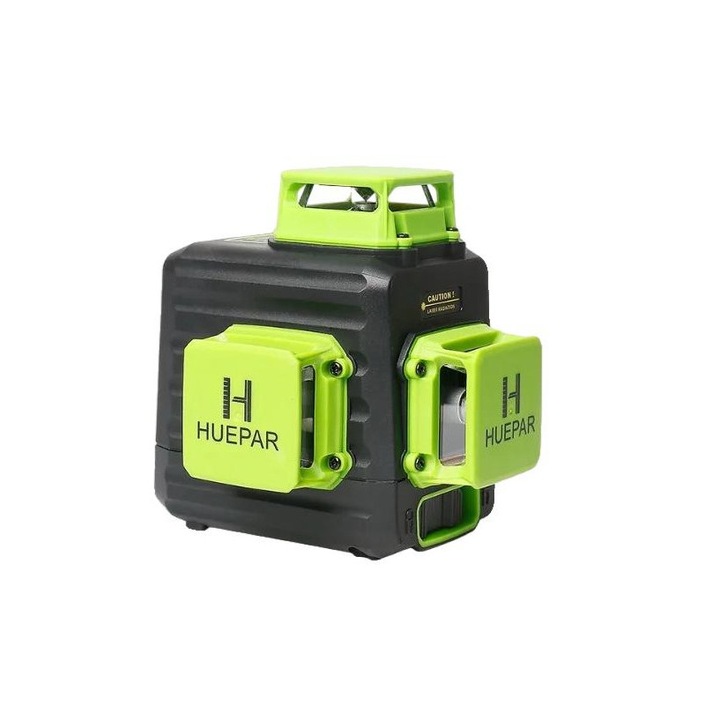 Лазерен нивелир Huepar B03CG, 12 линии, зелен, размери 20x15.5x15см, пълен комплект с магнитен държач, захранващ кабел, литиева батерия, здрав корпус.