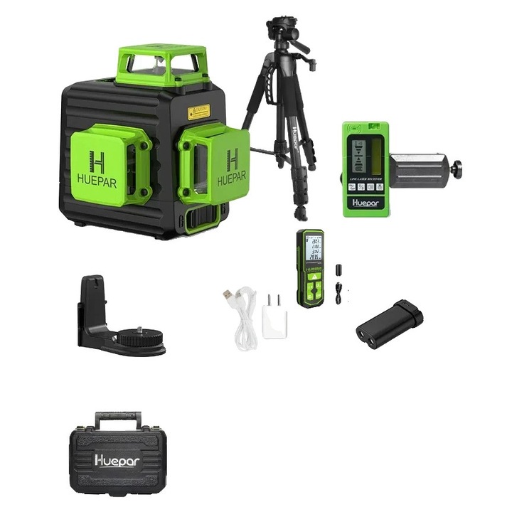 Лазерен нивелир Huepar 12 линии, самонивелиращ се, зелен лазер, 20x15.5x15 см, комплект със статив и аксесоари
