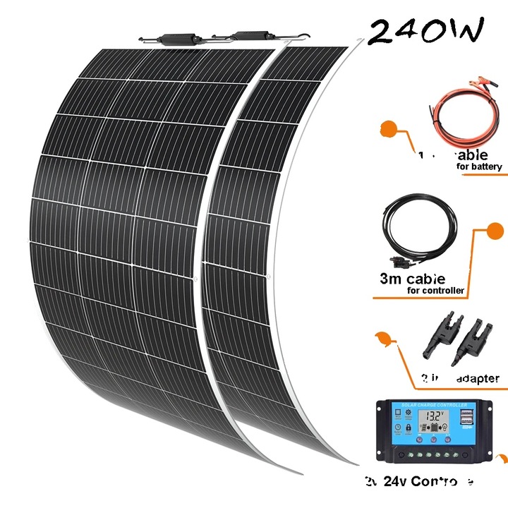 Panou solar flexibil 240W, eficienta ridicata, 12V/24V, dimensiuni 1095x550x3mm, set