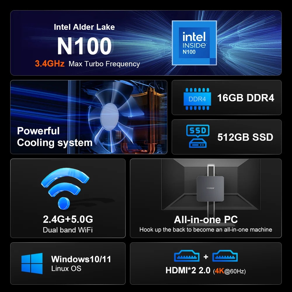 Mini PC, Intel N100, 16GB, 512GB SSD, 12.8x12.8x4.5cm - eMAG.ro