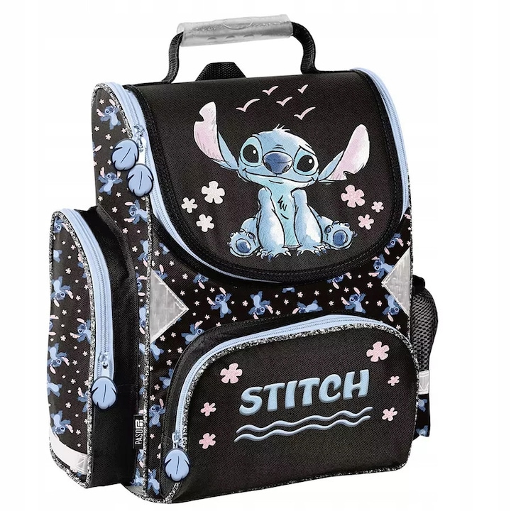 Ghiozdan pentru scoala Pas Lilo & Stitch, negru, ergonomic, negru/albastru, 41x27x18cm