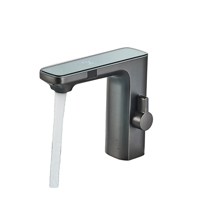 Érintésmentes szenzoros szaniter csaptelep digitális kijelzővel, meleg és hideg vízhez, szürke, a mosogatópultra szerelve