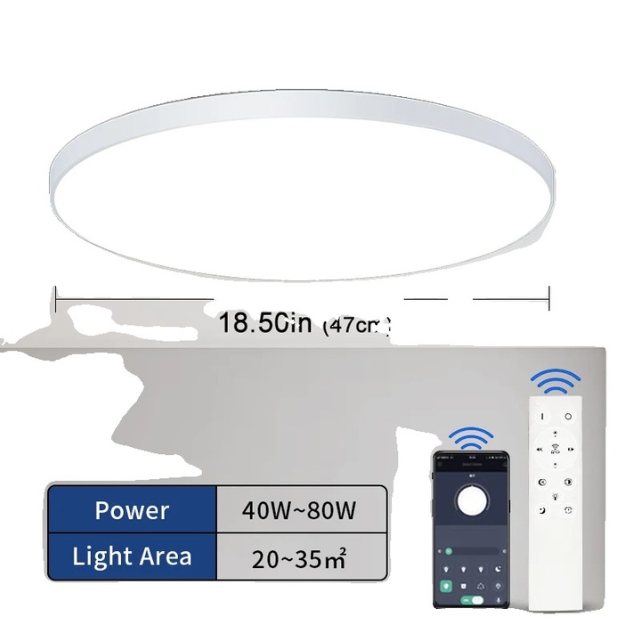 Mennyezeti lámpa, 80 W, fényerő-szabályozható, alkalmazásvezérléssel és távirányítóval, fehér, 47 cm átmérőjű