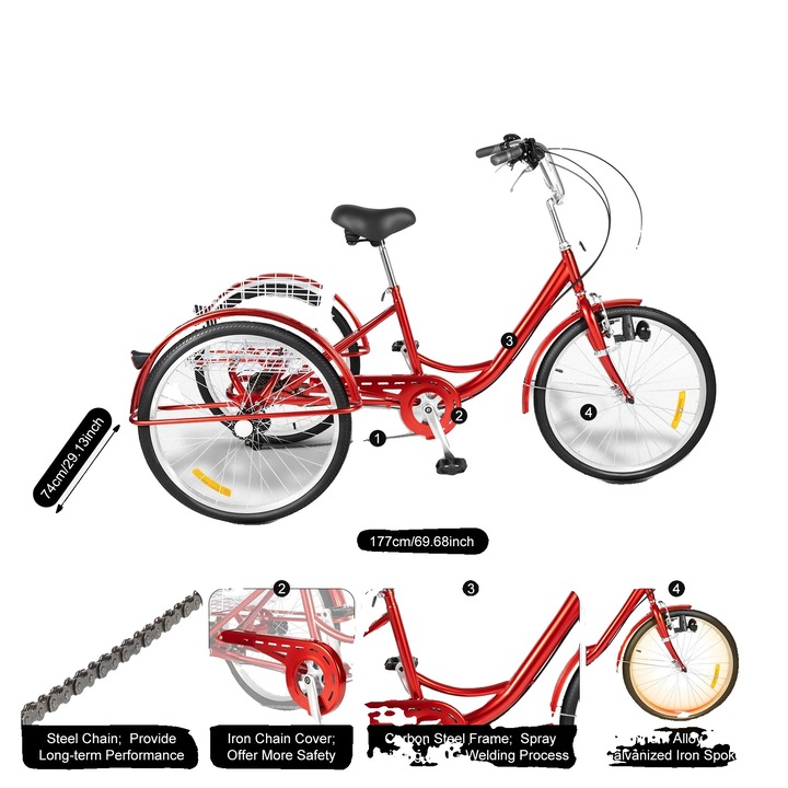 Tricicleta pentru adulti, 24 inch, 6 viteze, rosie, dimensiuni 177x74cm, capacitate maxima 120kg