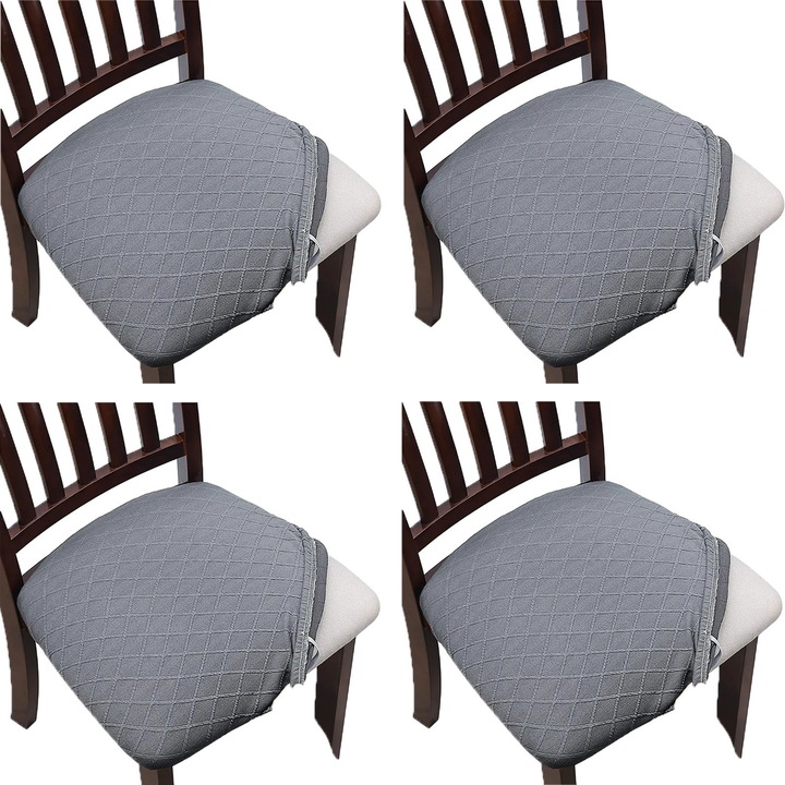 Set 4 Huse Scaun, ZGGZERG, Huse pentru scaune elastice, Material respirabil, Antialunecare, Fara decolorare, Fara minge, Moale si confortabil, Usor de curatat, Masina de spalat, Pentru bucatarie, sufragerie, hoteluri, Poliester, 35-48cm, Gri