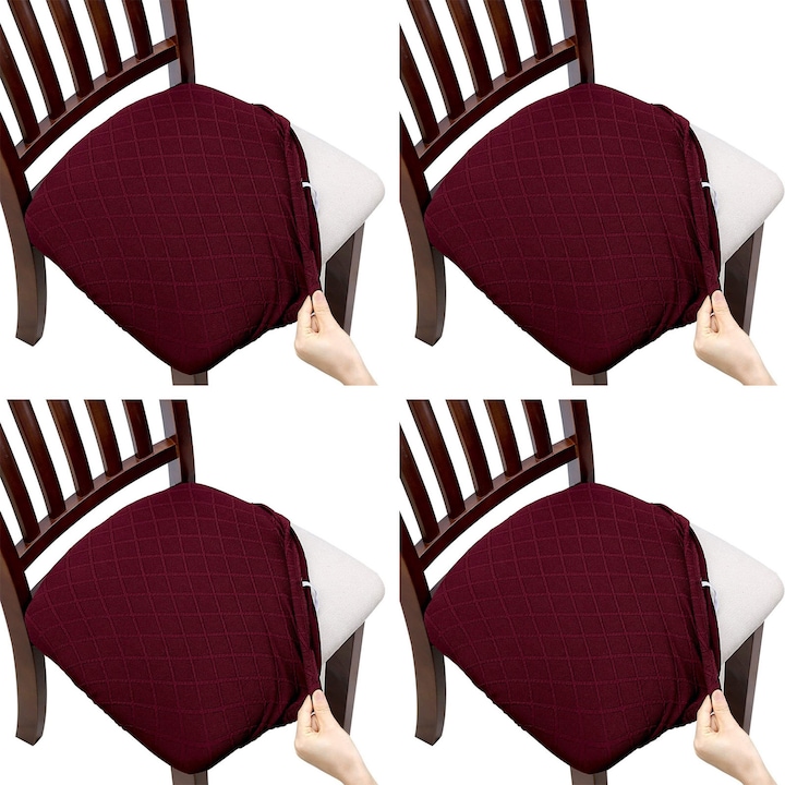 Set 4 Huse Scaun, ZGGZERG, Huse pentru scaune elastice, Material respirabil, Antialunecare, Fara decolorare, Fara minge, Moale si confortabil, Usor de curatat, Masina de spalat, Pentru bucatarie, sufragerie, hoteluri, Poliester, 35-48cm, Rosu-vin