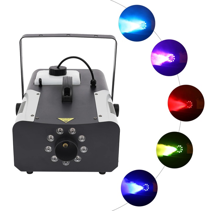 LED füstgép, Színpadi effekt, Teljesítmény 1500 W, LED RGB 9×3 W, DMX512 és vezeték nélküli távirányító, Tartály 2,5 L, Fúvókajet 2–3 m, EU csatlakozó, Fekete