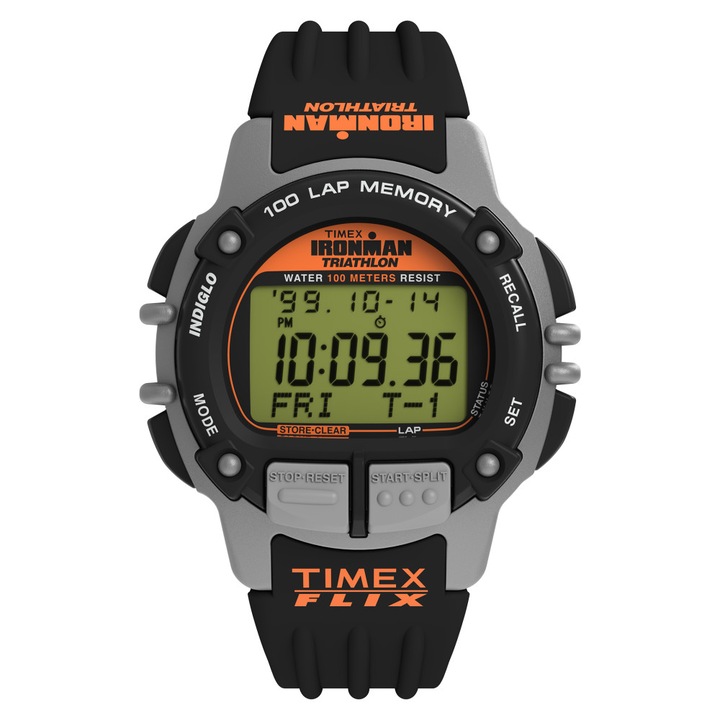 Ceas barbatesc Timex TW5M63200 Ironman Flix 100 Lap, 42mm, curea din piele, rezistent la apa 100m, negru